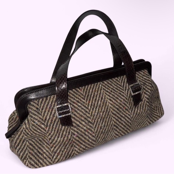 RARE Vintage Kate Spade Rhinestone Herringbone Tweed Baguette Satchel - Picture 2 of 7